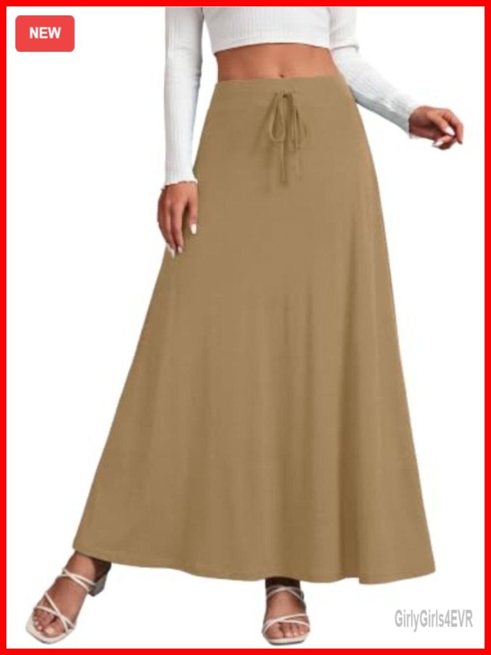 Women's High Waist Drawstring A-Line Flowy Maxi Skirt with Pockets